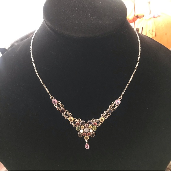 Multi Gemstone Silver Sari Bib Necklace - Picture 5 of 11